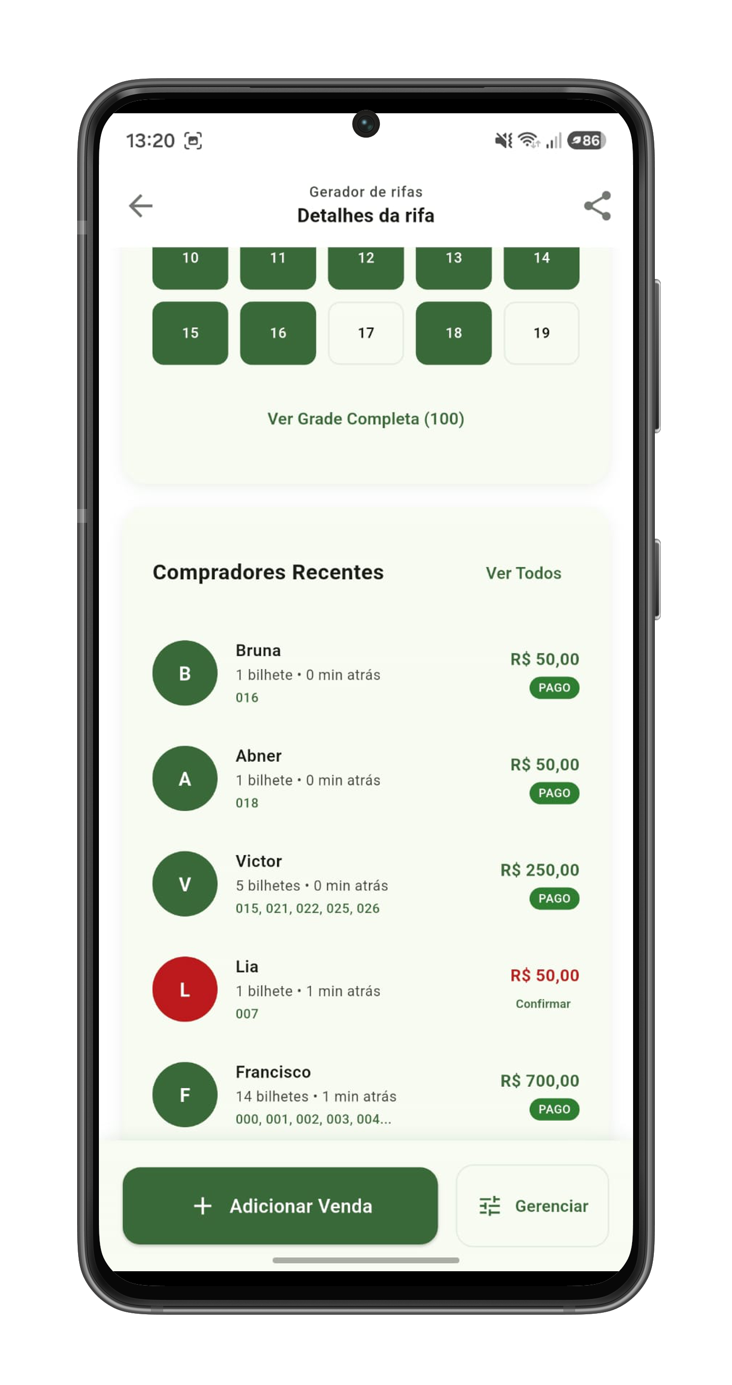 Lista de compradores no Gerador de Rifas