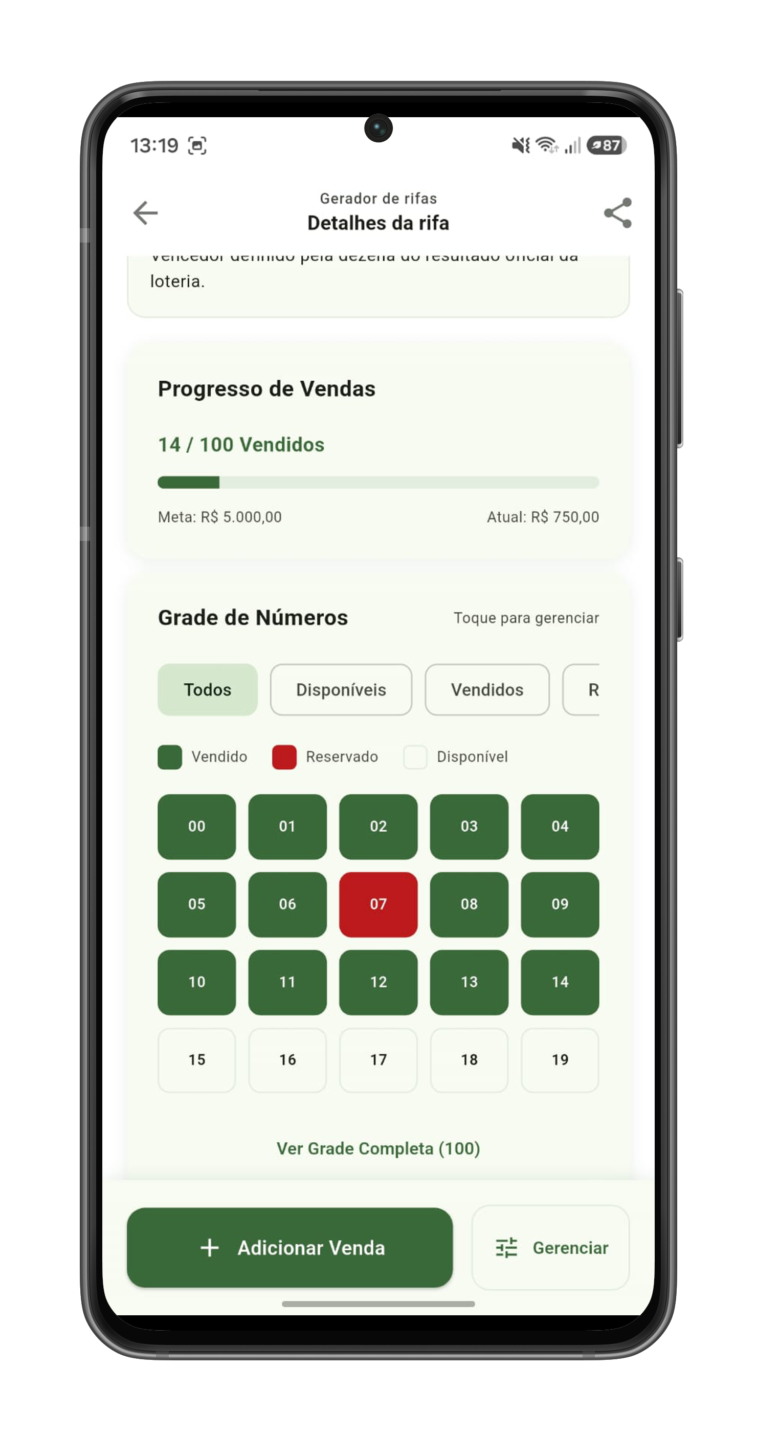 Grade de números no Gerador de Rifas